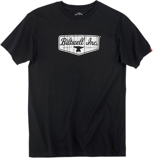 Black BILTWELL Shield T-Shirt in Medium, featuring the Bill's Exhausts logo design on the front.