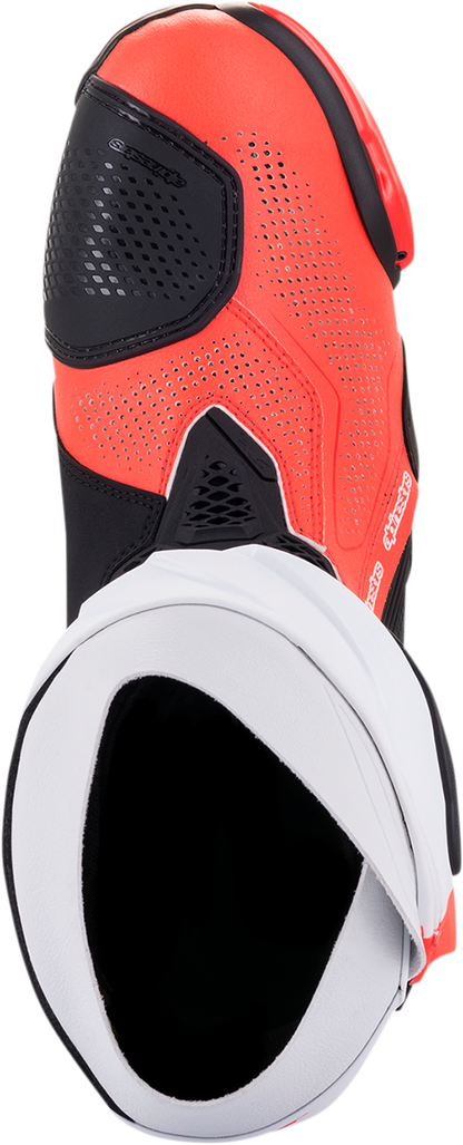 Alpinestars Supertech V racing motorcycle boots in black, fluo red, and white, US 10.5, EU 45, showing side view with protective features.