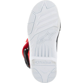 Alpinestars Kids Tech 3S motorcycle boots in red, black, and white with US size 12, featuring sturdy design and safety features.