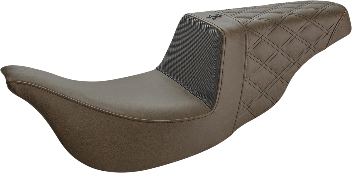 Bill's Exhausts SADDLEMEN Unknown Industries motorcycle seat in brown with carbon fiber, gripper, and rear lattice stitch details.
