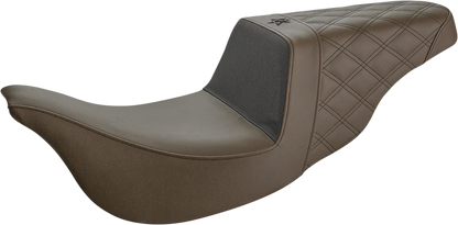 Bill's Exhausts SADDLEMEN Unknown Industries motorcycle seat in brown with carbon fiber, gripper, and rear lattice stitch details.