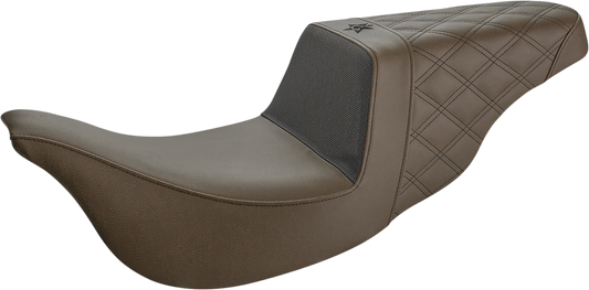 Bill's Exhausts SADDLEMEN Unknown Industries motorcycle seat in brown with carbon fiber, gripper, and rear lattice stitch details.