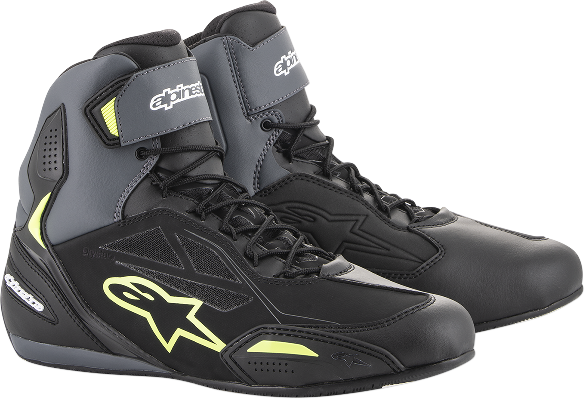 Alpinestars Faster-3 Drystar® motorcycle shoes in black, gray, and yellow, US 13, with protective design and sporty style