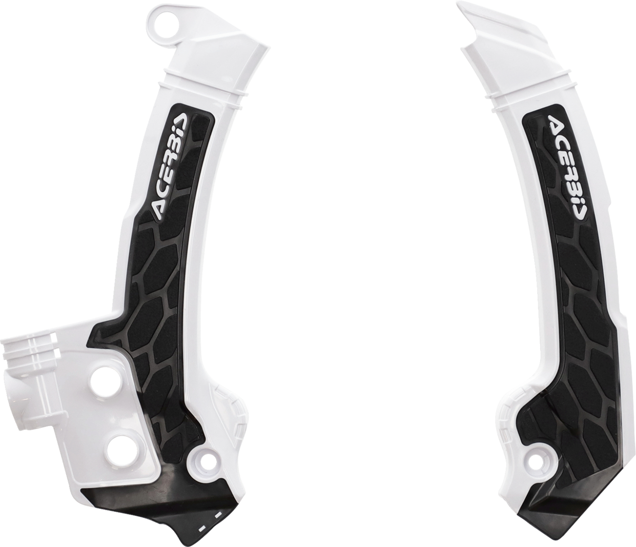 A close-up of ACERBIS X-Grip frame guards in white and black for motorcycle body protection.