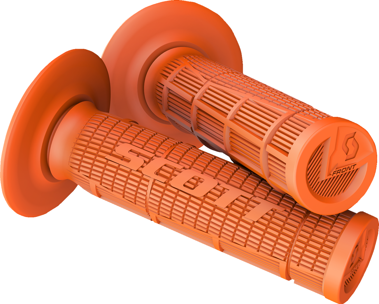 Scott Half Waffle Grips in orange for motorcycles, designed by Bill's Exhausts, shown on a handlebar with textured surface.