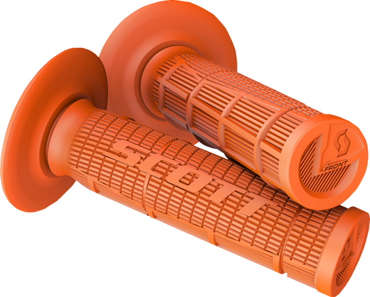 Scott Half Waffle Grips in orange for motorcycles, designed by Bill's Exhausts, shown on a handlebar with textured surface.