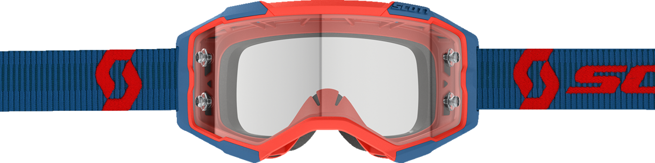 Scott Fury WFS motocross goggles in dark blue with neon red accents and clear lenses, featuring adjustable straps and ventilation.