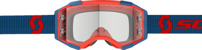 Scott Fury WFS motocross goggles in dark blue with neon red accents and clear lenses, featuring adjustable straps and ventilation.