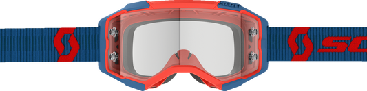 Scott Fury WFS motocross goggles in dark blue with neon red accents and clear lenses, featuring adjustable straps and ventilation.