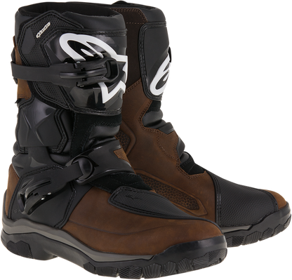 Oiled brown Alpinestars Belize Drystar® motorcycle boots, US size 11, showing rugged leather and protective design features.