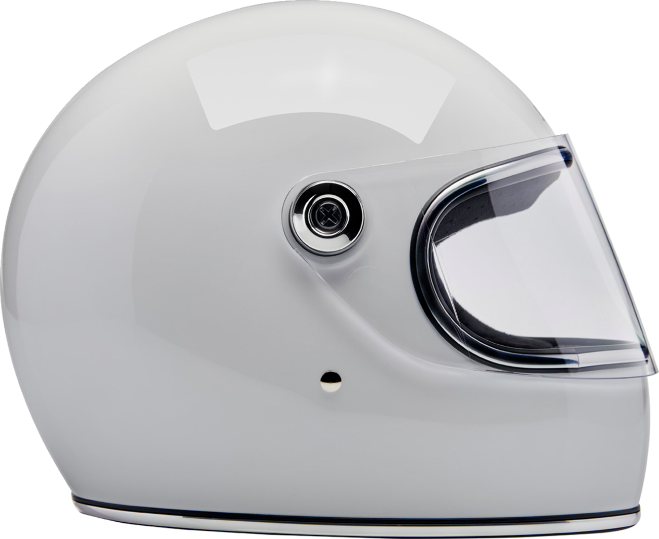 BILTWELL Gringo S motorcycle helmet in glossy white, medium size, featuring a smooth, aerodynamic design and secure strap closure.