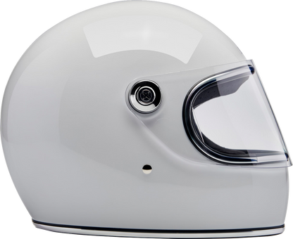 BILTWELL Gringo S motorcycle helmet in glossy white, medium size, featuring a smooth, aerodynamic design and secure strap closure.