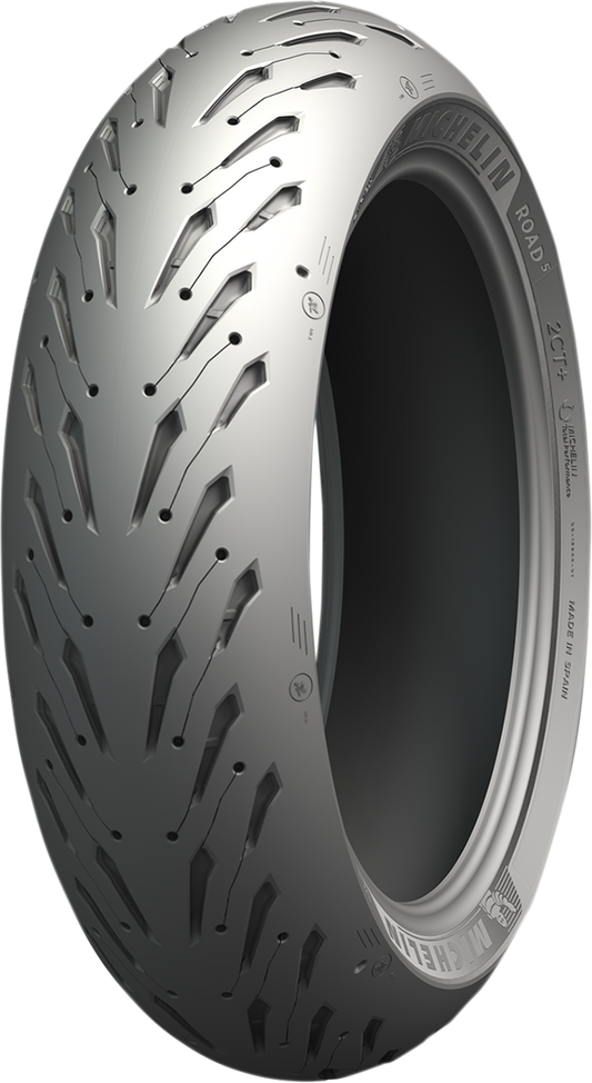 Michelin Road 5 rear motorcycle tire 150/70ZR17 with tire tread visible, mounted on a wheel for motorcycle riding.