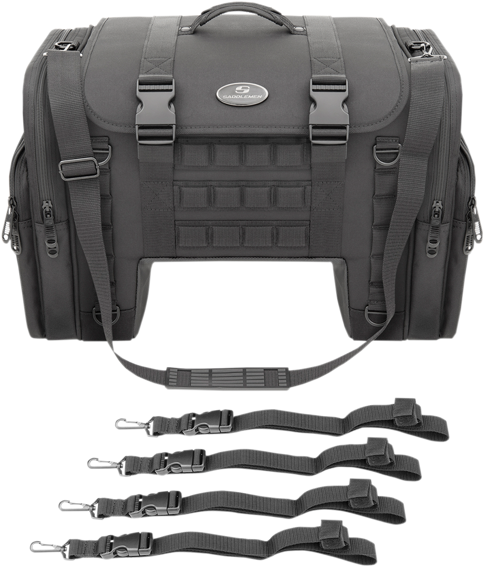 Bill's Exhausts SADDLEMEN Tactical Seat Tunnel Bag mounted on motorcycle seat, durable storage for motorcycle rides.