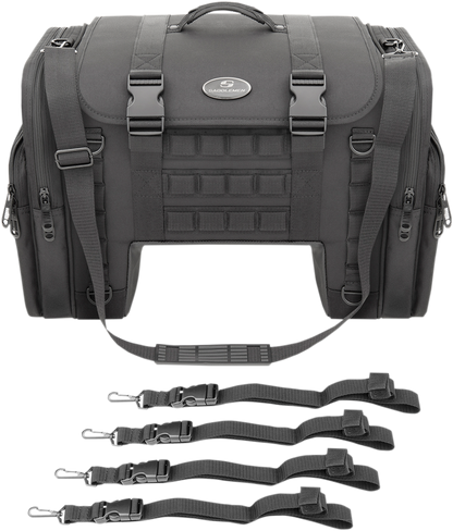 Bill's Exhausts SADDLEMEN Tactical Seat Tunnel Bag mounted on motorcycle seat, durable storage for motorcycle rides.