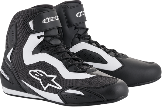 Alpinestars Faster-3 Rideknit® Shoes in black and white, US size 7, featuring sleek design and breathable material.
