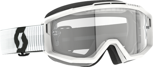 Scott Split OTG goggles in white with clear lenses, designed for motorcycle or sports use, by Bill's Exhausts.