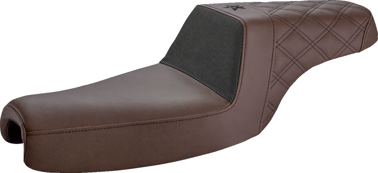 Unknown Industries saddle seat by SADDLEMEN with front carbon fiber, black gripper lumbar, and rear lattice stitch for XL motorcycles.