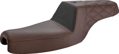 Unknown Industries saddle seat by SADDLEMEN with front carbon fiber, black gripper lumbar, and rear lattice stitch for XL motorcycles.