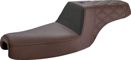 Unknown Industries saddle seat by SADDLEMEN with front carbon fiber, black gripper lumbar, and rear lattice stitch for XL motorcycles.