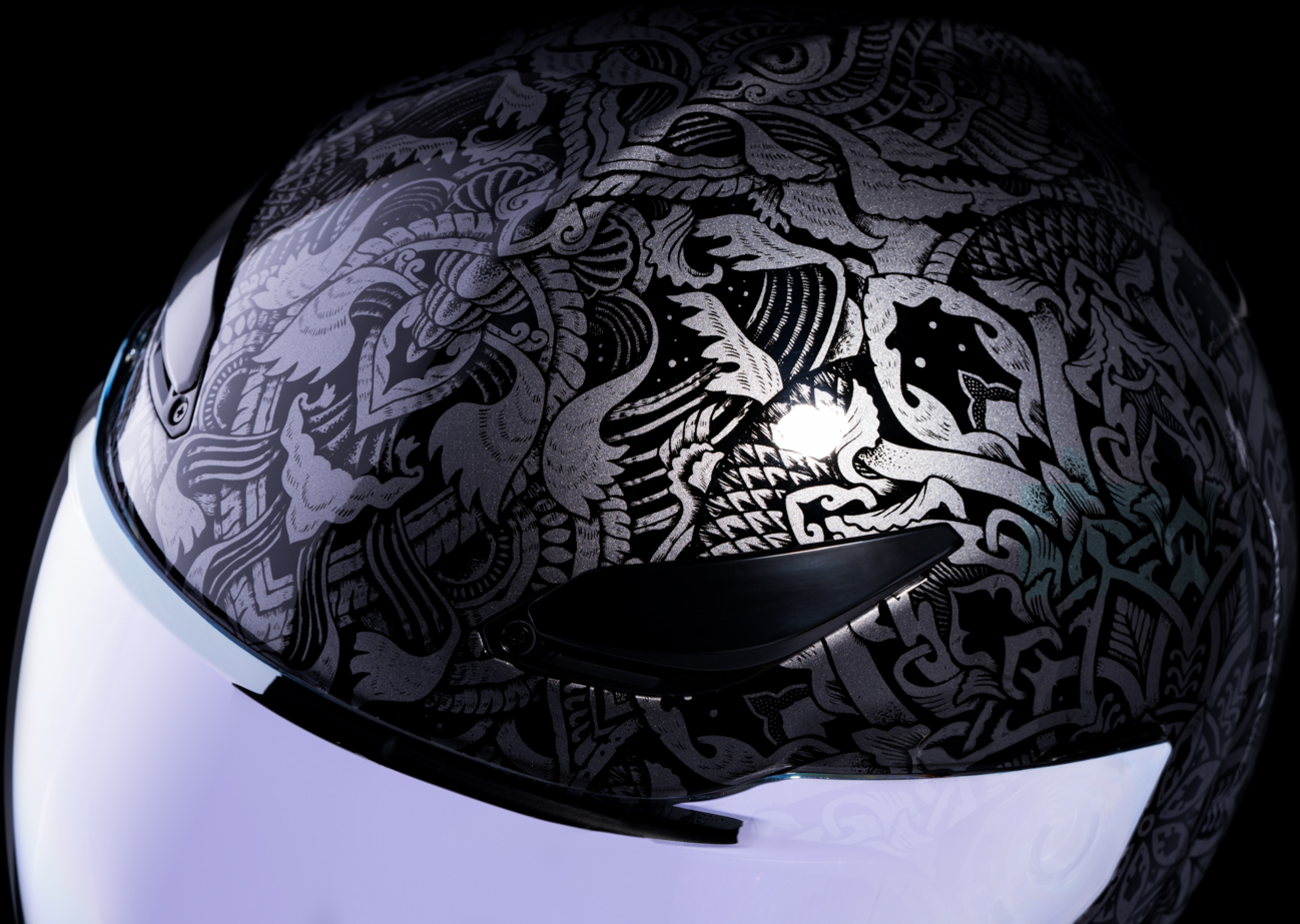 Black ICON Domain™ Gravitas helmet in medium size, featuring sleek design and safety features, by Bill's Exhausts.
