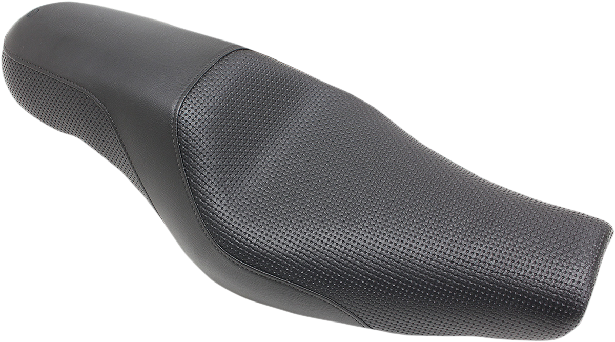 Black SADDLEMEN Profiler Basket-weave motorcycle seat with detailed stitching, designed for comfort and style.