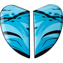 Light blue ICON Airform™ side plates for helmets, designed by Bill's Exhausts, featuring sleek protective helmet parts.