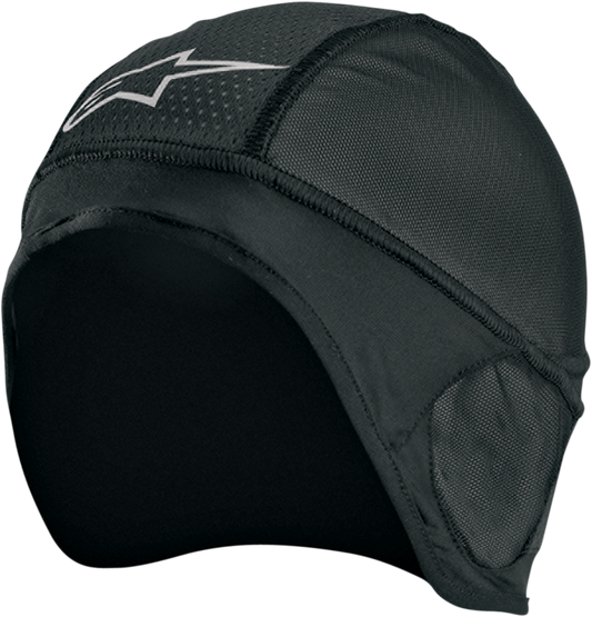 Alpinestars skull cap balaclava for motorcycle helmets, black fabric, close-up view showing textured material and snug fit.
