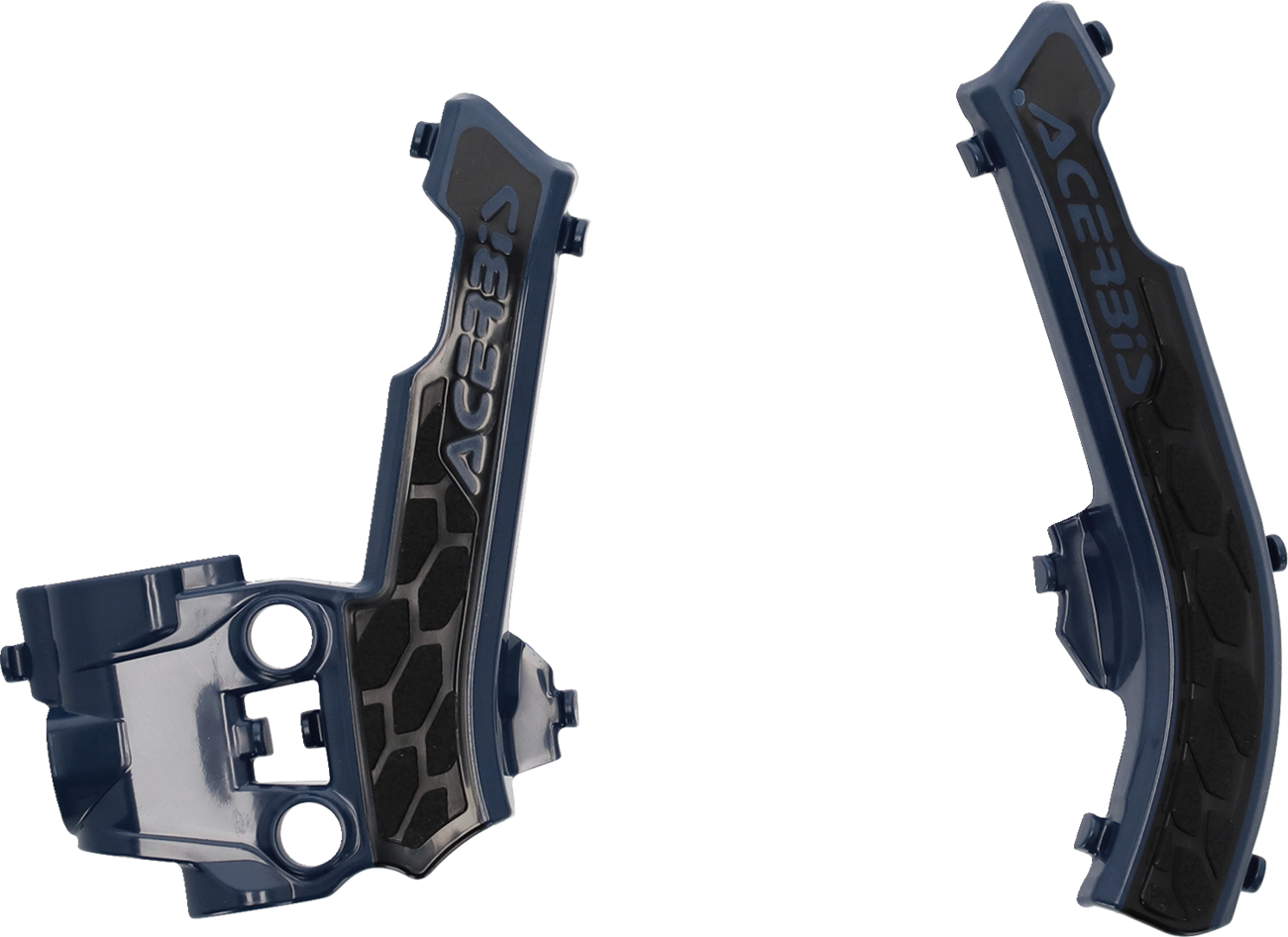 Blue and black Acerbis X-Grip motorcycle frame guards attached to a bike frame, designed to protect and enhance the body of the motorcycle.