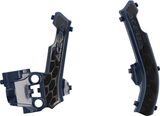Blue and black Acerbis X-Grip motorcycle frame guards attached to a bike frame, designed to protect and enhance the body of the motorcycle.