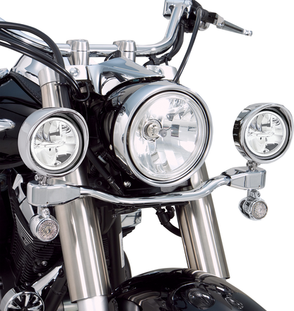 Bill's Exhausts SHOW Chrome LED Driving Light Kit for V-Star 950 motorcycle engine, featuring chrome finish and bright LED lights.