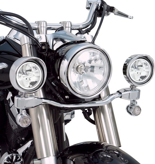 Bill's Exhausts SHOW Chrome LED Driving Light Kit for V-Star 950 motorcycle engine, featuring chrome finish and bright LED lights.