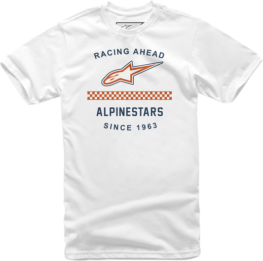 White Alpinestars Origin T-Shirt in Medium, featuring the Alpinestars logo, displayed on a flat surface.