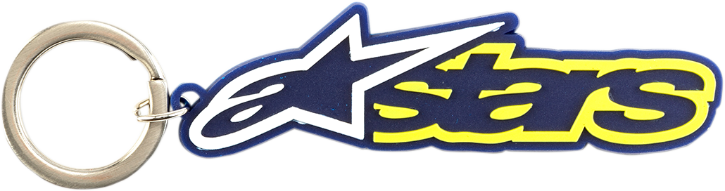 Alpinestars Blaze blue and yellow key fob featuring protective gear branding, with a sleek design and keyring attachment.