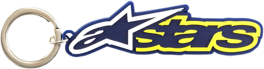 Alpinestars Blaze blue and yellow key fob featuring protective gear branding, with a sleek design and keyring attachment.