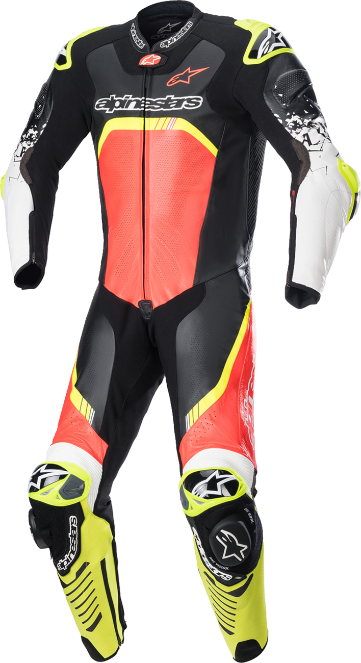 Alpinestars GP Tech Suit v4 in black, red fluorescent, and yellow fluorescent, displayed on a mannequin, showing detailed leather construction.