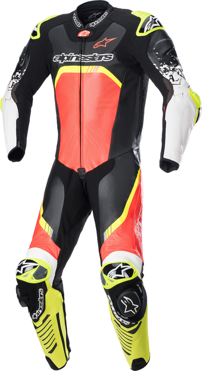 Alpinestars GP Tech Suit v4 in black, red, and fluorescent yellow leather racing suit for motorcycle riding, US 44 / EU 54.