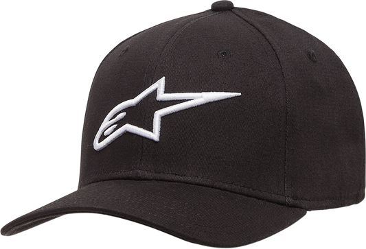 Bill's Exhausts Alpinestars Ageless Curve Hat in black and white, small/medium size, with curved brim and stylish design.