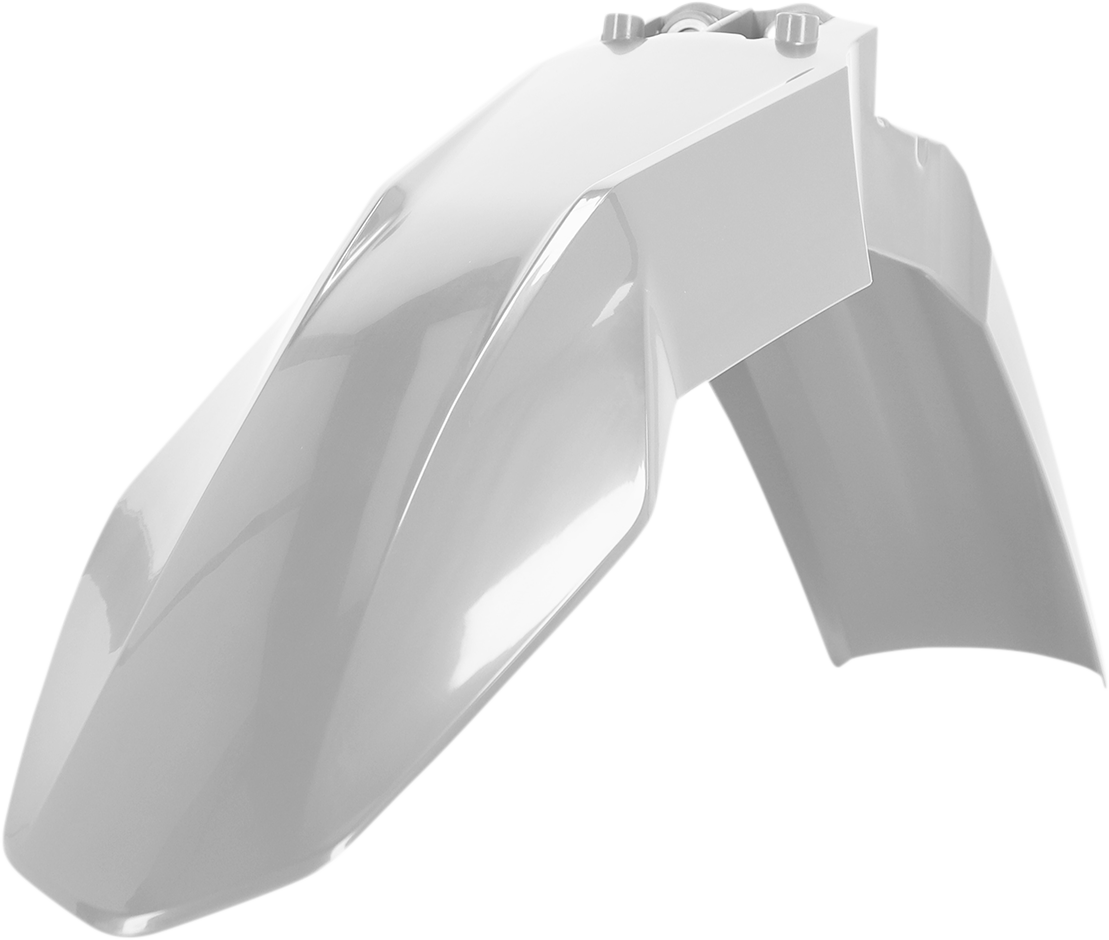 Acerbis white front fender for motorcycles, showing its curved body design and mounting points, branded by Bill's Exhausts.