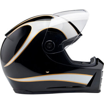 BILTWELL Lane Splitter motorcycle helmet in gloss black with white flame design, size XS, featuring a sleek, aerodynamic shape.