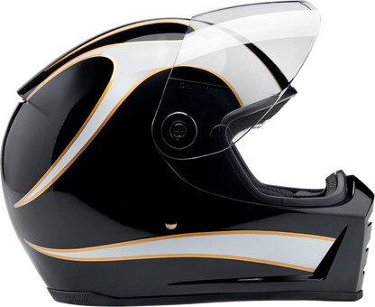 Bill's Exhausts BILTWELL Lane Splitter helmet in gloss black with white flame design, medium size, front view.