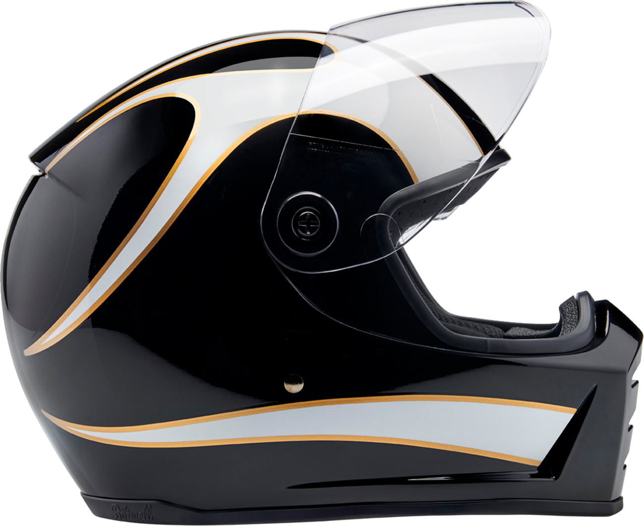 BILTWELL Lane Splitter helmet in gloss black with white flame design, size 2XL, featuring a sleek motorcycle helmet appearance.