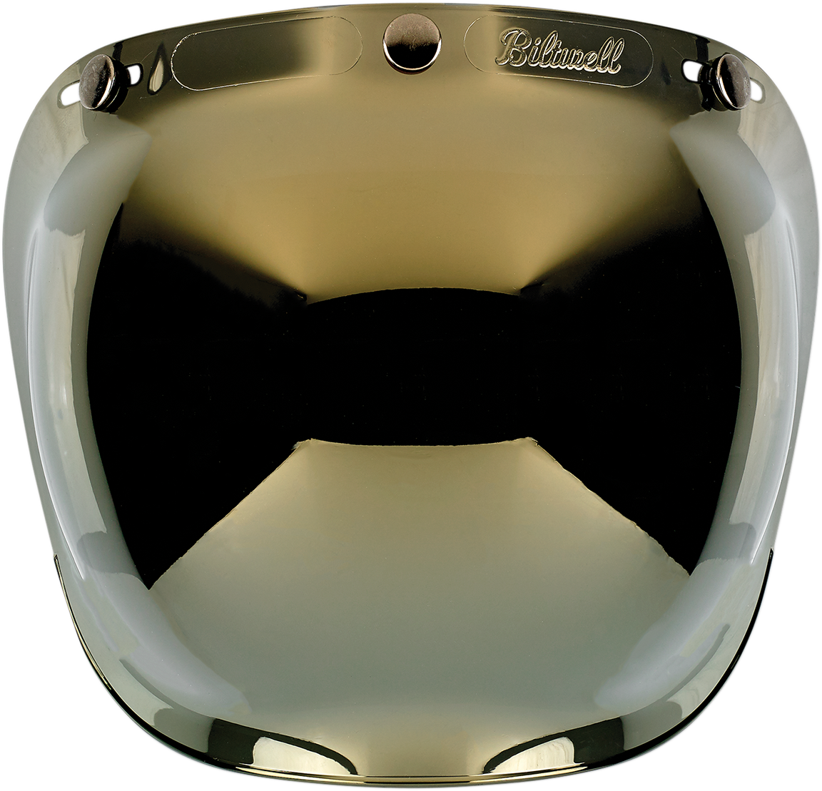 Biltwell Bubble Shield in gold mirror finish, designed for helmets, showcasing its reflective surface and sleek curved shape.