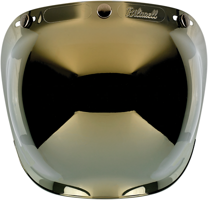 Biltwell Bubble Shield in gold mirror finish, designed for helmets, showcasing its reflective surface and sleek curved shape.