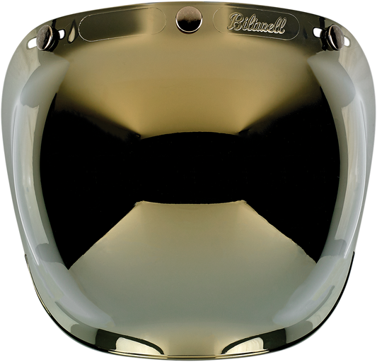 Biltwell Bubble Shield in gold mirror finish, designed for helmets, showcasing its reflective surface and sleek curved shape.