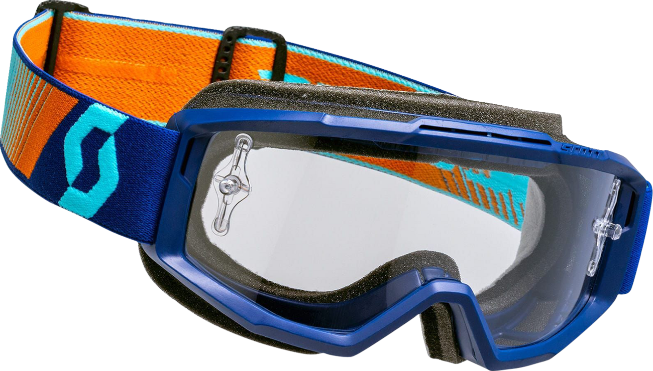 Bill's Exhausts Scott Split OTG Goggles in royal blue and orange with clear lenses, designed for comfortable all-day wear.