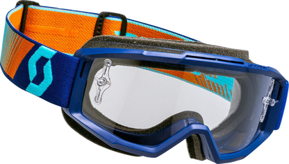 Bill's Exhausts Scott Split OTG Goggles in royal blue and orange with clear lenses, designed for comfortable all-day wear.