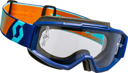 Bill's Exhausts Scott Split OTG Goggles in royal blue and orange with clear lenses, designed for comfortable all-day wear.
