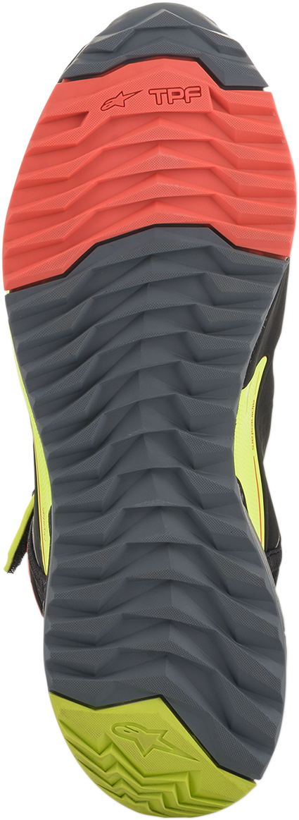 Alpinestars CR-X Drystar® motorcycle shoes in black, red, and yellow fluorescent, US size 9, with protective design and textured sole.