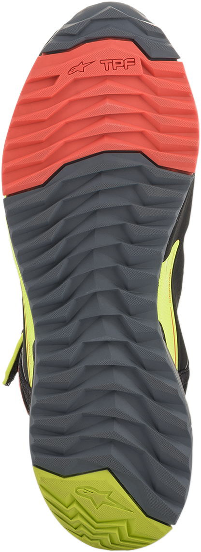 Alpinestars CR-X Drystar® motorcycle shoes in black, red, and yellow fluorescent, US size 9, with protective design and textured sole.